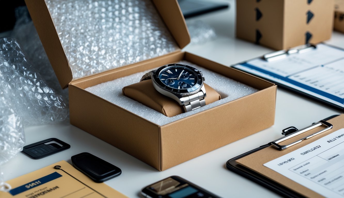 A luxury wristwatch securely packaged inside a cushioned shipping box with protective materials and shipping tools on a clean workspace.