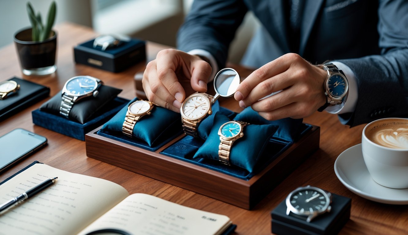 Hands examining a luxury wristwatch on a table with several watches, a notebook, and a smartphone nearby.