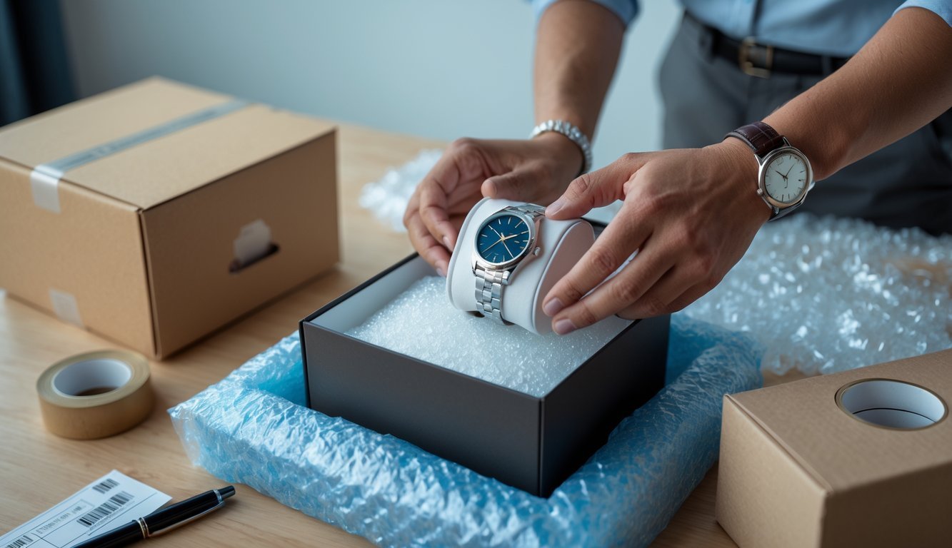 Hands placing a luxury wristwatch into a cushioned shipping box with packing materials on a table.