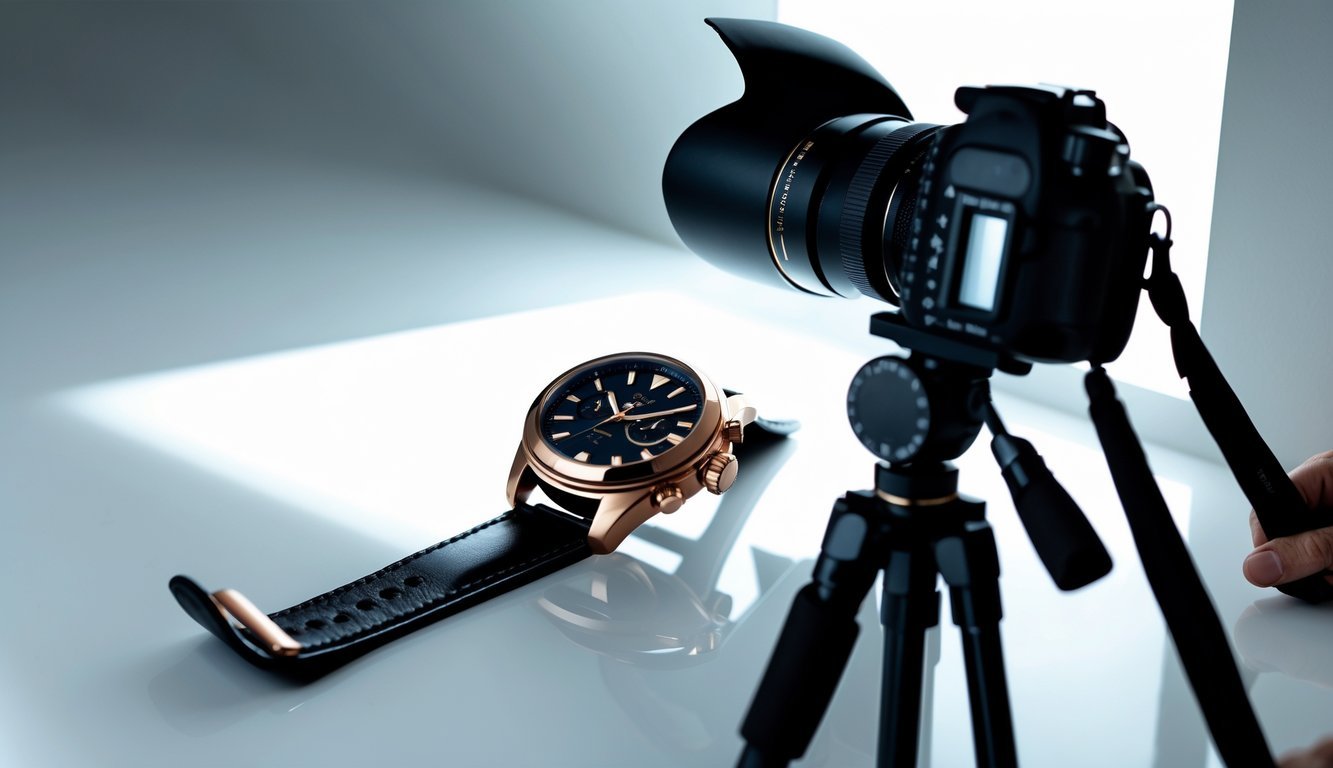 A wristwatch on a white surface being photographed with a camera on a tripod in a clean studio setup.