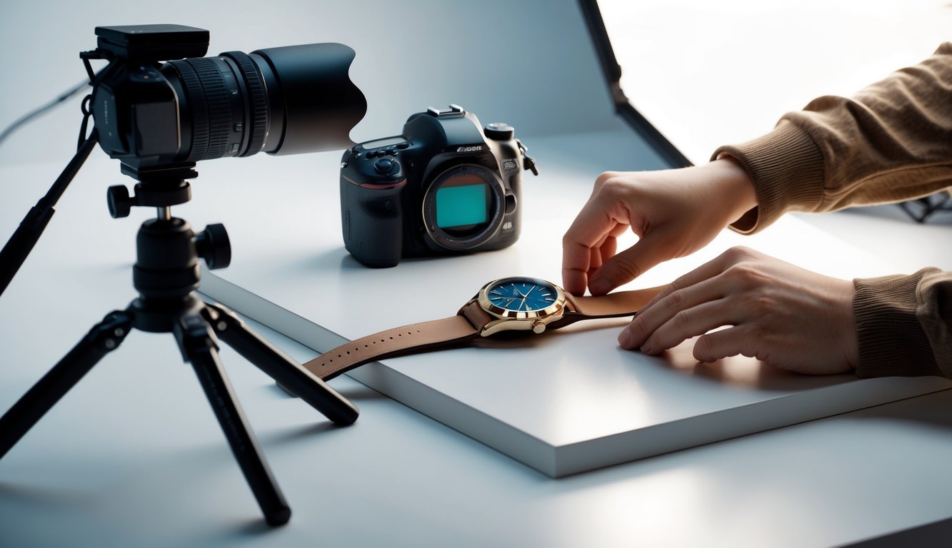 A wristwatch being carefully positioned on a white surface with photography equipment and lighting set up around it.