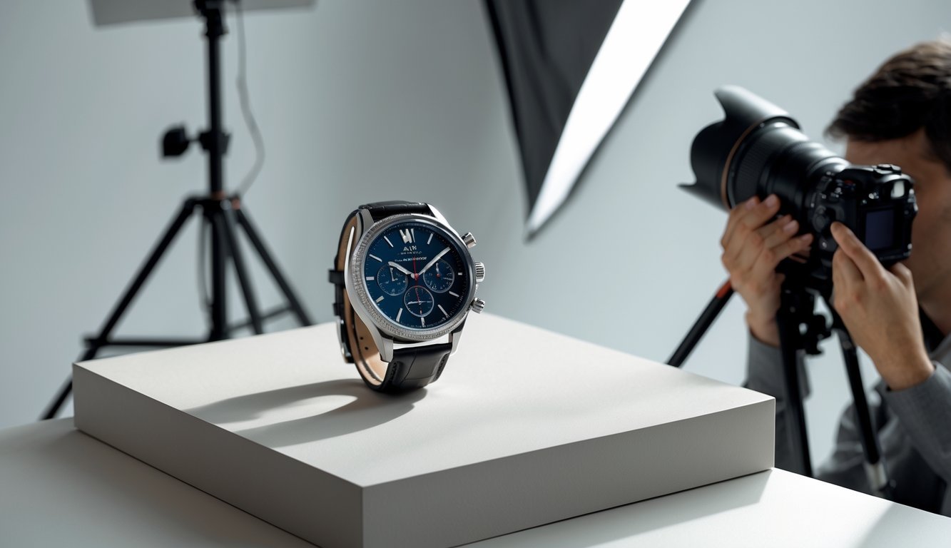 A wristwatch on a neutral surface being photographed with a camera on a tripod in a studio setting.
