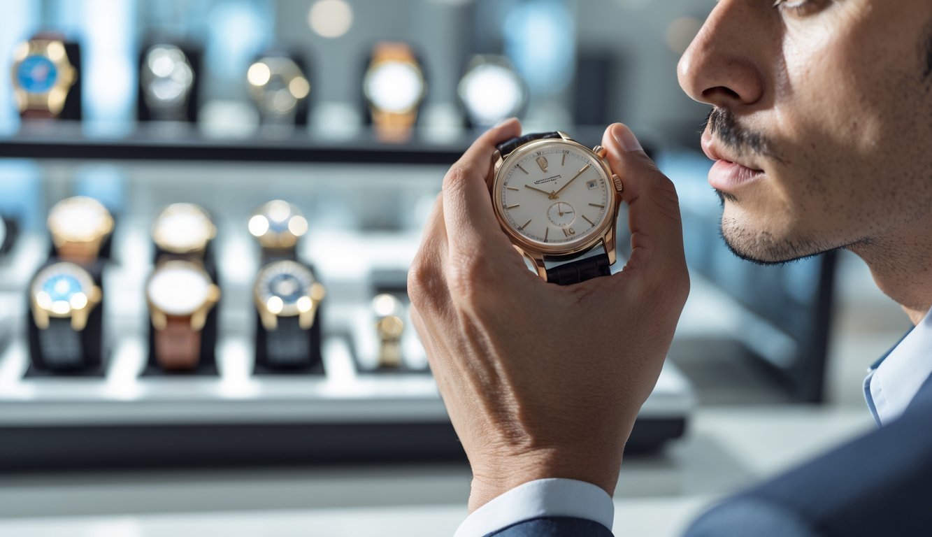 A person carefully examining a luxury wristwatch in a watch store setting.