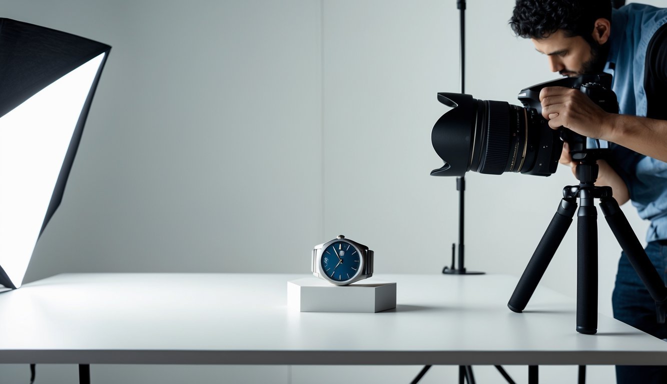 A photographer setting up a camera to take close-up photos of a wristwatch on a white surface with studio lighting equipment around.