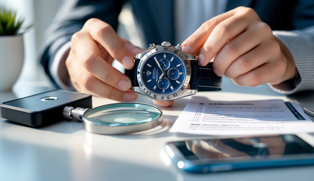 A person closely inspecting a luxury wristwatch with a magnifying glass on a desk with a checklist and smartphone nearby.