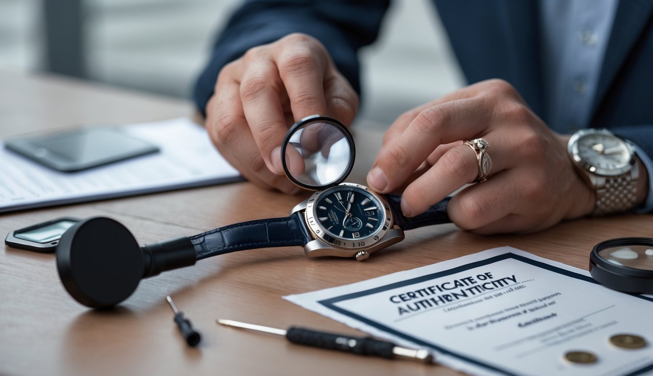 Hands closely inspecting a luxury wristwatch with a magnifying glass on a wooden table with watch tools nearby.