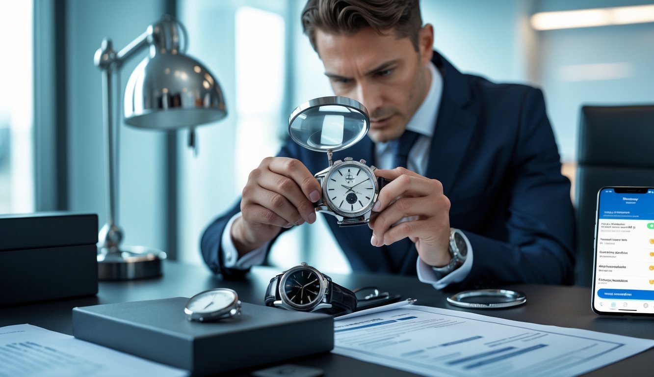 Person closely inspecting a luxury wristwatch with a magnifying glass at a desk with watch accessories and a smartphone.