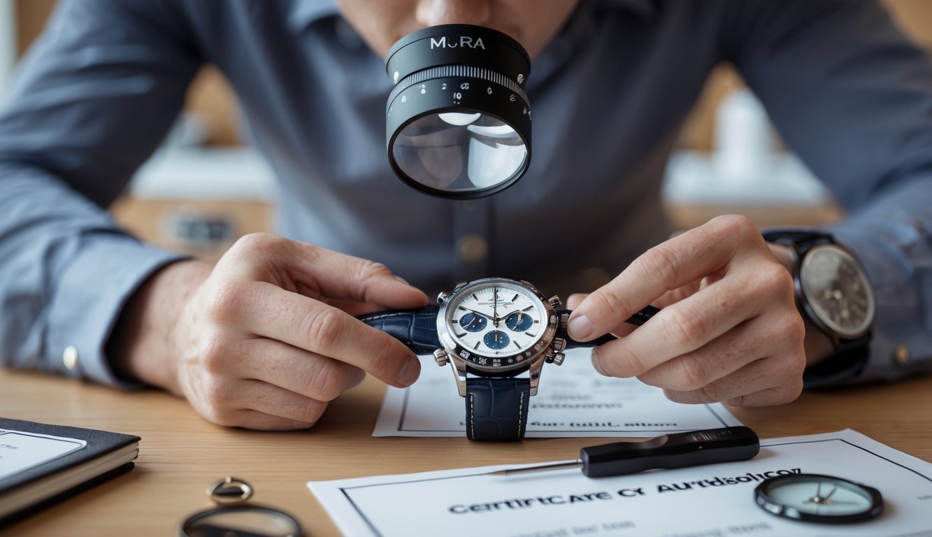 An expert closely inspecting a luxury wristwatch with a magnifying loupe at a tidy workspace with watch tools and documents.