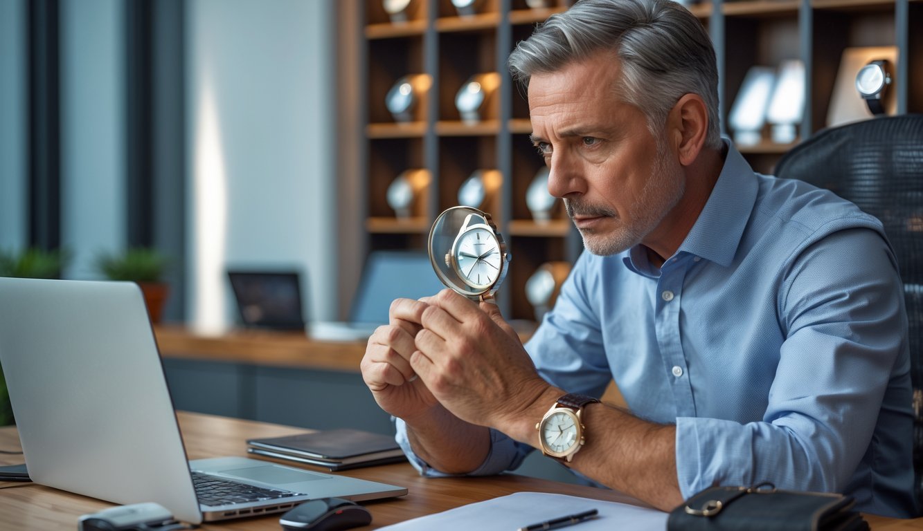A man closely inspecting a wristwatch with a magnifying glass at a desk in an office surrounded by watch displays.