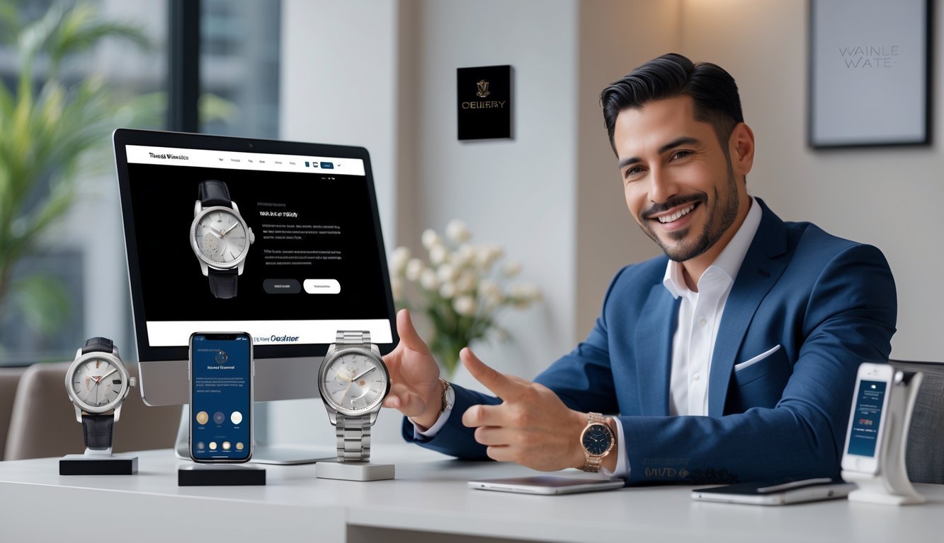 A man at a desk with luxury watches and a laptop, smiling during a video call to build trust with customers.