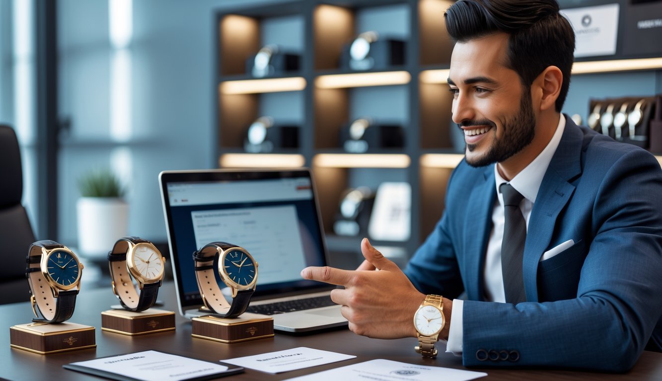 A watch dealer interacting with a customer online, surrounded by luxury watches and certification documents in a modern office.