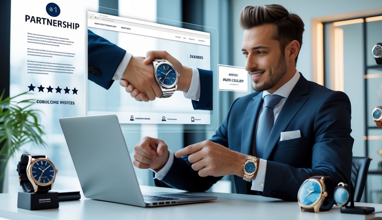 A confident person in a modern office working on a laptop with luxury watches displayed nearby and visual elements representing partnerships and customer trust.