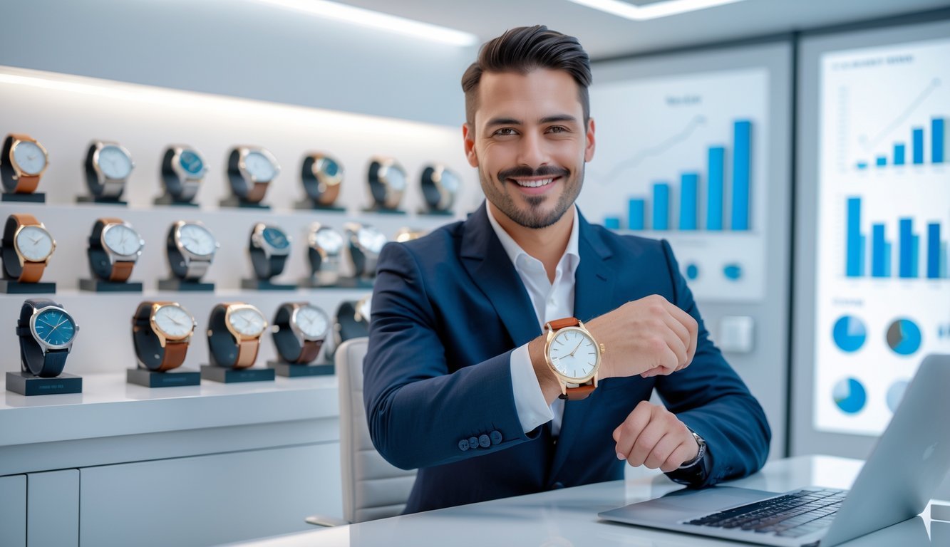 A person holding a luxury wristwatch in a modern store with watches displayed and sales charts on a laptop nearby.