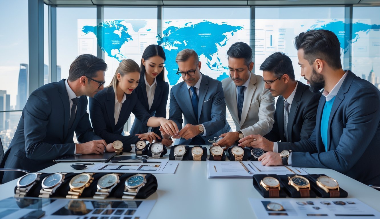 Business professionals around a conference table examining luxury watches and discussing international sales strategies.