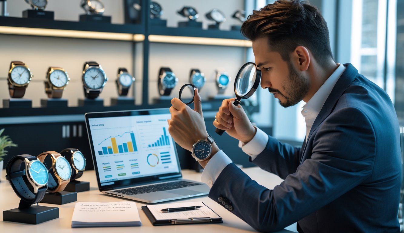 A businessperson examining luxury wristwatches at a desk with financial charts and watches displayed on shelves in the background.