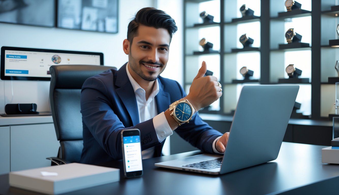 A person at a desk showing a luxury watch, with watches displayed behind them and using a laptop and smartphone.