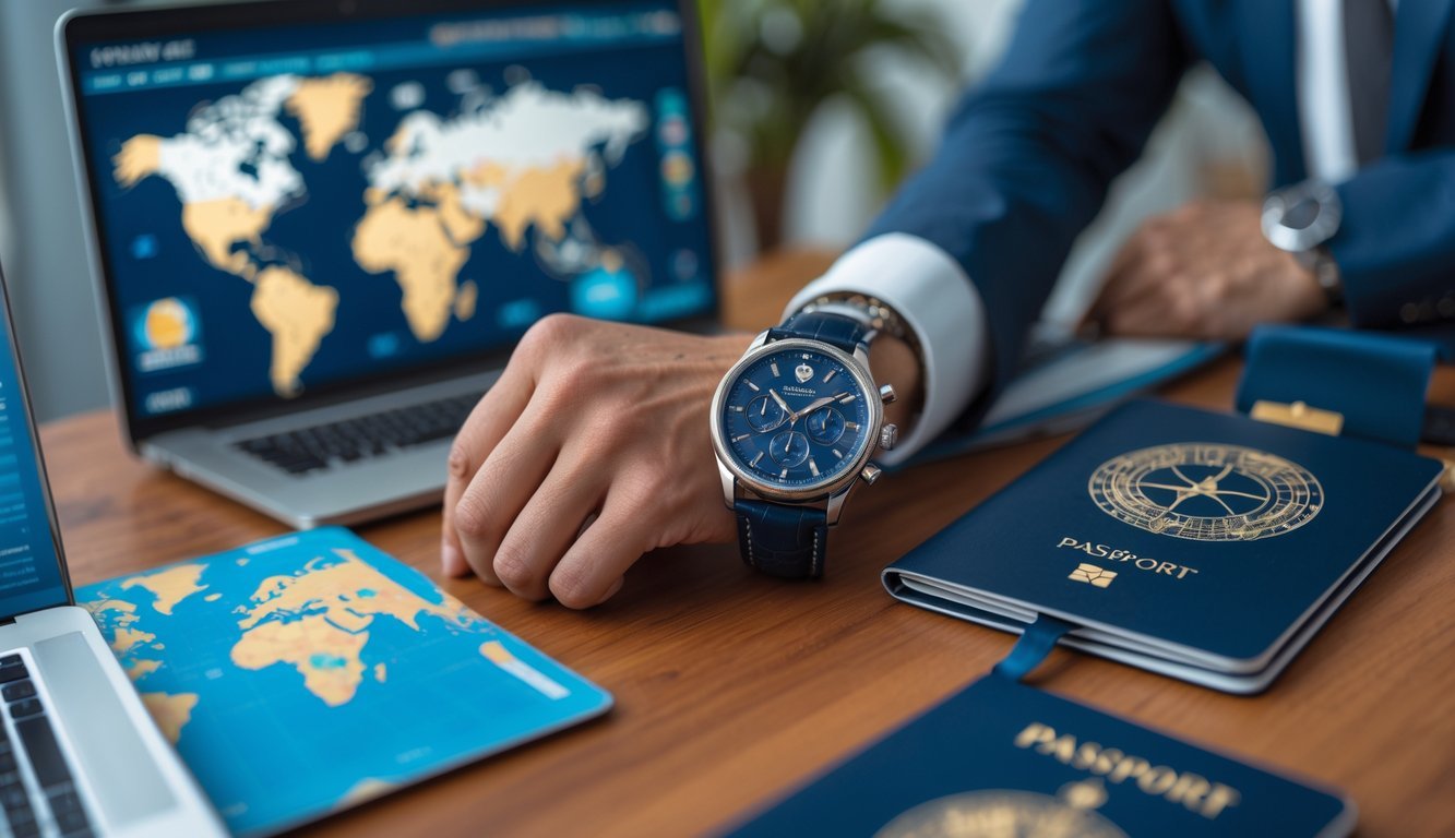 A close-up of a luxury wristwatch on a desk surrounded by a world map, a laptop showing sales charts, and a passport with boarding passes.
