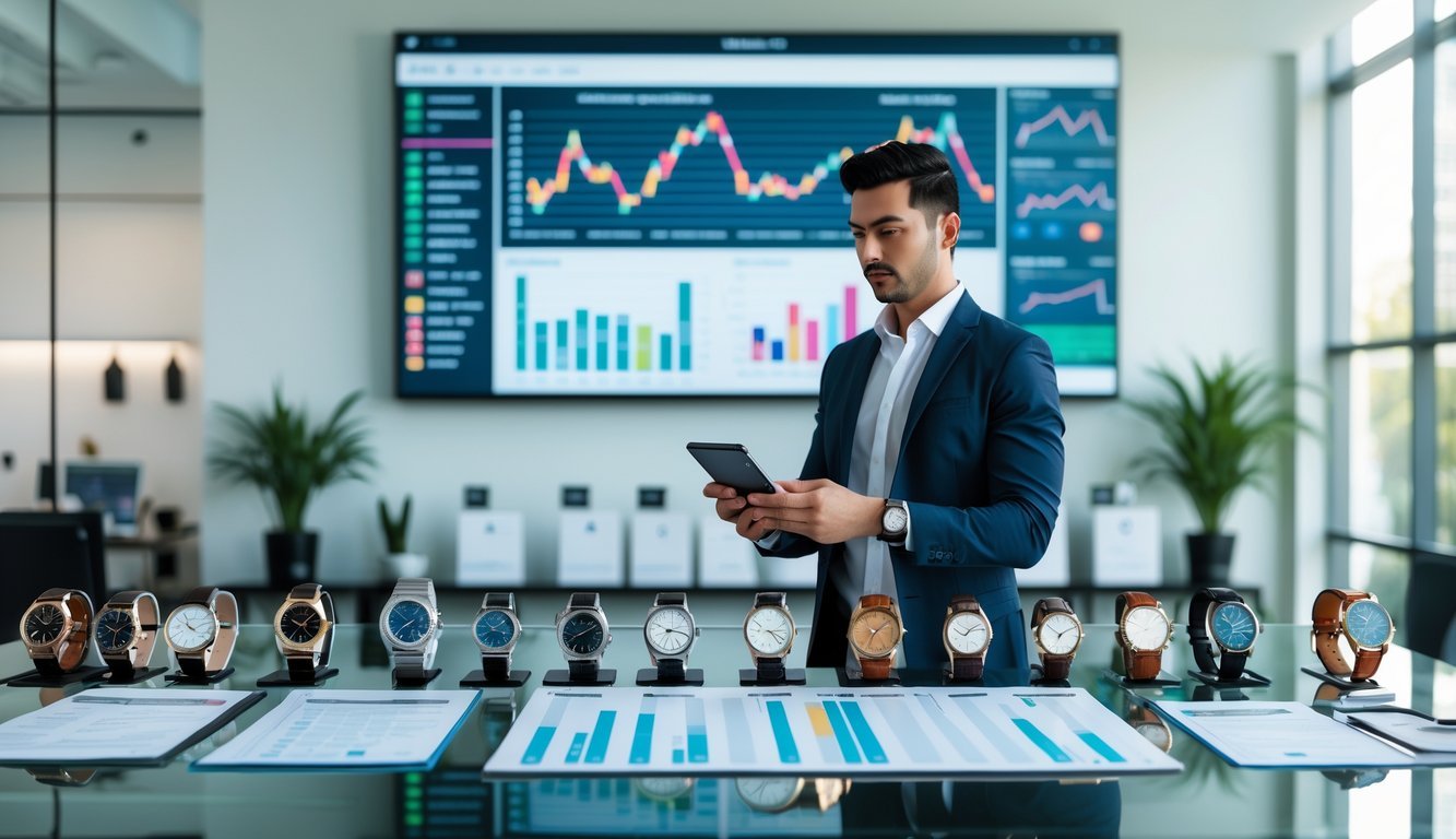A businessperson analyzing sales charts and luxury watches on a table in a modern office with digital market graphs in the background.