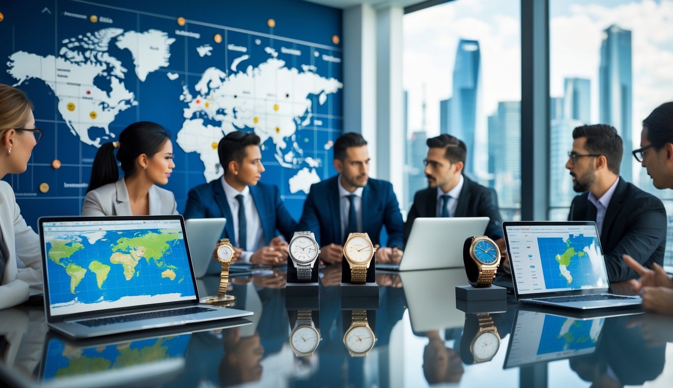 A group of business professionals discussing luxury watches around a conference table with laptops and a world map in the background.