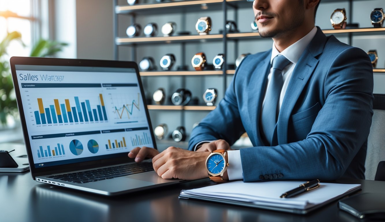 A businessperson at a desk with a laptop, charts, and a wristwatch, surrounded by watch displays in an office.
