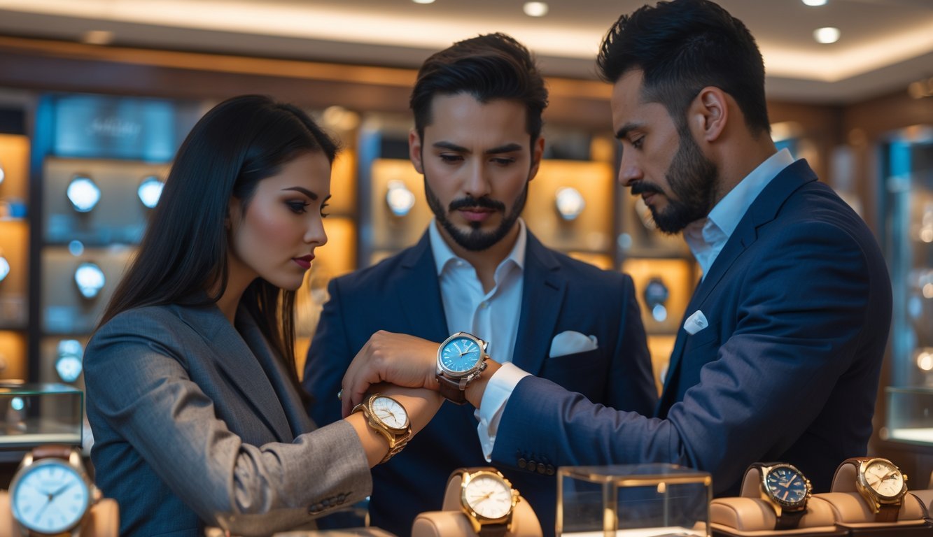 A salesperson talks to two customers in a watch store, one closely examining a luxury watch while the other considers a different watch on display.