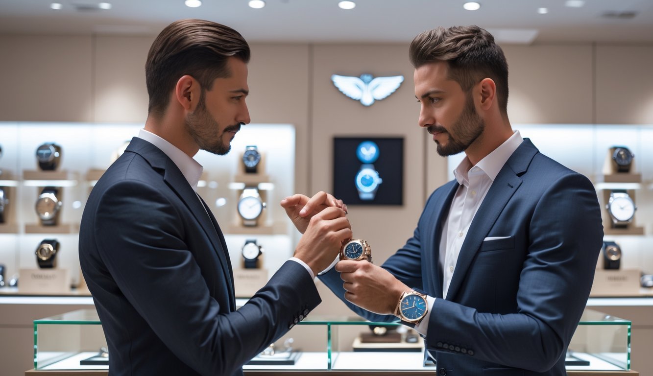 A salesperson showing a luxury watch to a customer in an upscale watch store as the customer examines it carefully.