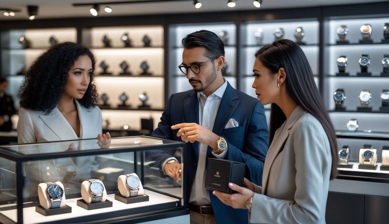 A watch seller talking with two customers inside a modern watch store, with watches displayed in glass cases around them.