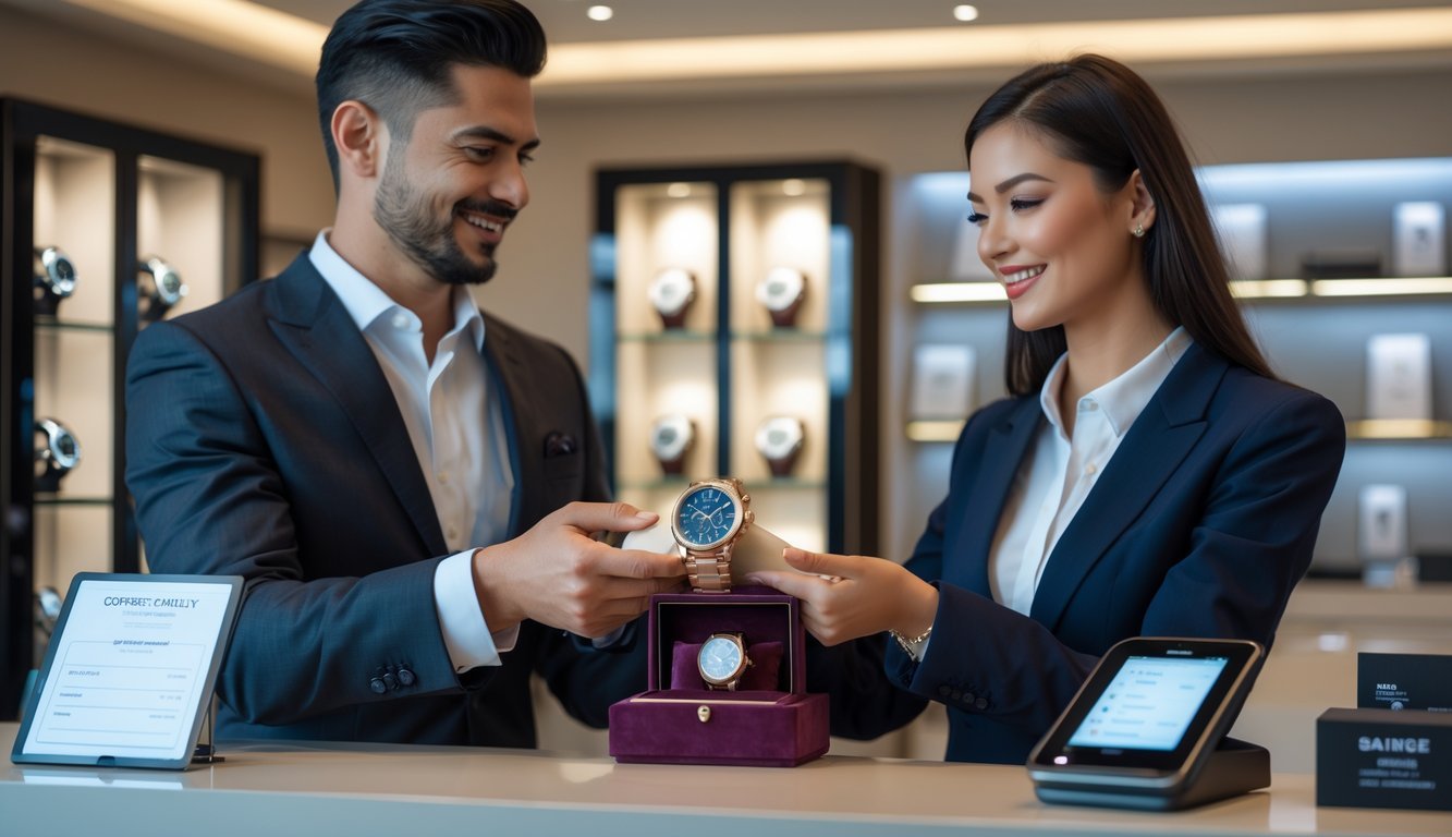 A salesperson and buyer exchanging a luxury watch in an upscale boutique, both smiling and showing trust during a secure transaction.