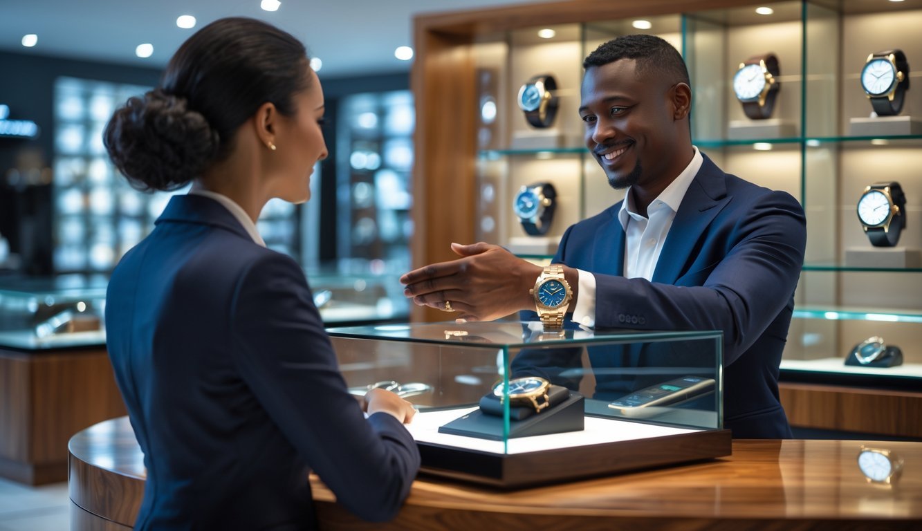 A luxury watch salesperson reassuring a buyer in an upscale watch store, holding a watch in a display case.